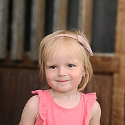 Emy participe au concours pour gagner de l'argent avec cette photo : child, toddler, girl, pink_dress, headband, smile, face, blonde_hair, portrait, outdoor, wooden_background, cute, happy, young_child, fashion, person, innocent, casual, ruffles, soft_lighting