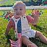 baby, bubbles, child, field, flag, garden, grass, infant, outdoor, overalls, patriotic, portrait, road, smiling, striped_shirt, summer, sunlight, tie, trees, waving