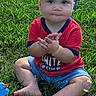 Zion is registered to the contest to win money with this photo: baby, barefoot, blue_shorts, bubble, child, clapping, duck_toy, face, grass, infant, lawn, outdoor, playtime, portrait, red_shirt, sitting, smiling, star, sunlight, toy