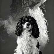 Mirtille participe au concours pour gagner de l'argent avec cette photo : artistic, black_and_white, calm, canine, close_up, curly_fur, dog, double_exposure, dramatic, expression, fluffy, furry, monochrome, noble, pet, portrait, sitting, smoke, studio, studio_lighting