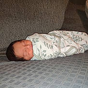 Rafael is registered to the contest to win money with this photo: newborn, baby, sleeping, swaddled, blanket, leaf_pattern, couch, textured, cozy, infant, resting, indoors, soft, peaceful, human, portrait, child, cute, relaxed, home