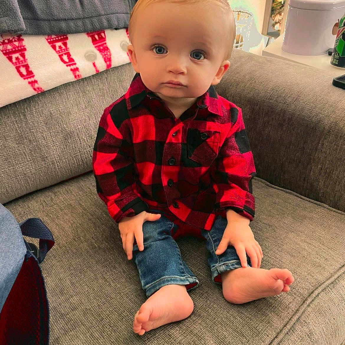 Cooper joined the competition — help win amazing prizes! baby, clothing, couch, crawling, doll, face, furniture, hair, head, hosiery, jeans, pants, person, photography, portrait, sitting, sleeve, sock, toy