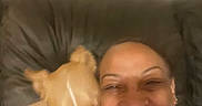 Rya joined the competition — help win amazing prizes! woman, dog, pet, selfie, smiling, cuddling, portrait, indoors, couch, sofa, brown_dog, white_patch, animal, human, face, teeth, happy, casual, home, closeup