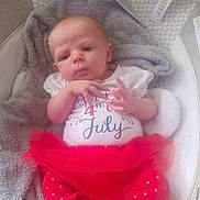 Esther is registered to the contest to win money with this photo: baby, infant, blanket, clothing, red, white, pattern, polka_dot, toddler, cute, laying, indoors, person, face, hands, expression, celebration, holiday, comfortable, soft