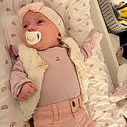 Youna a rejoint le concours — aidez-le/la à gagner de superbes lots ! baby, blanket, bow, child, comfort, crib, cute, headband, infant, infant_fashion, long_sleeve, lying_down, nursery, pacifier, pants, pink_clothing, rainbow_pattern, sleepwear, soft_toys, vest