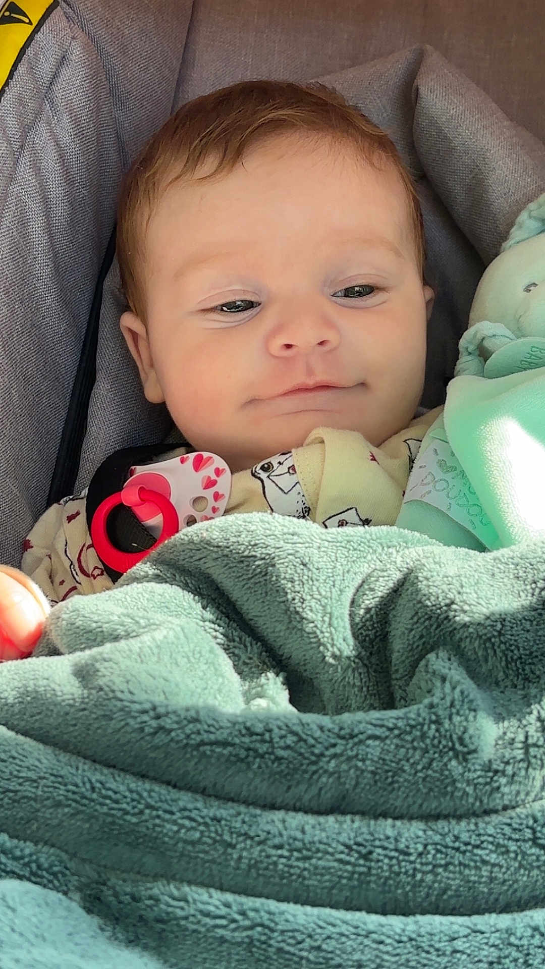 Léna participe au concours pour gagner de l'argent avec cette photo : baby, blanket, pacifier, infant, clothing, face, child, soft, cute, indoors, closeup, comfort, resting, sleepy, cozy, fabric, head, young, portrait, carseat