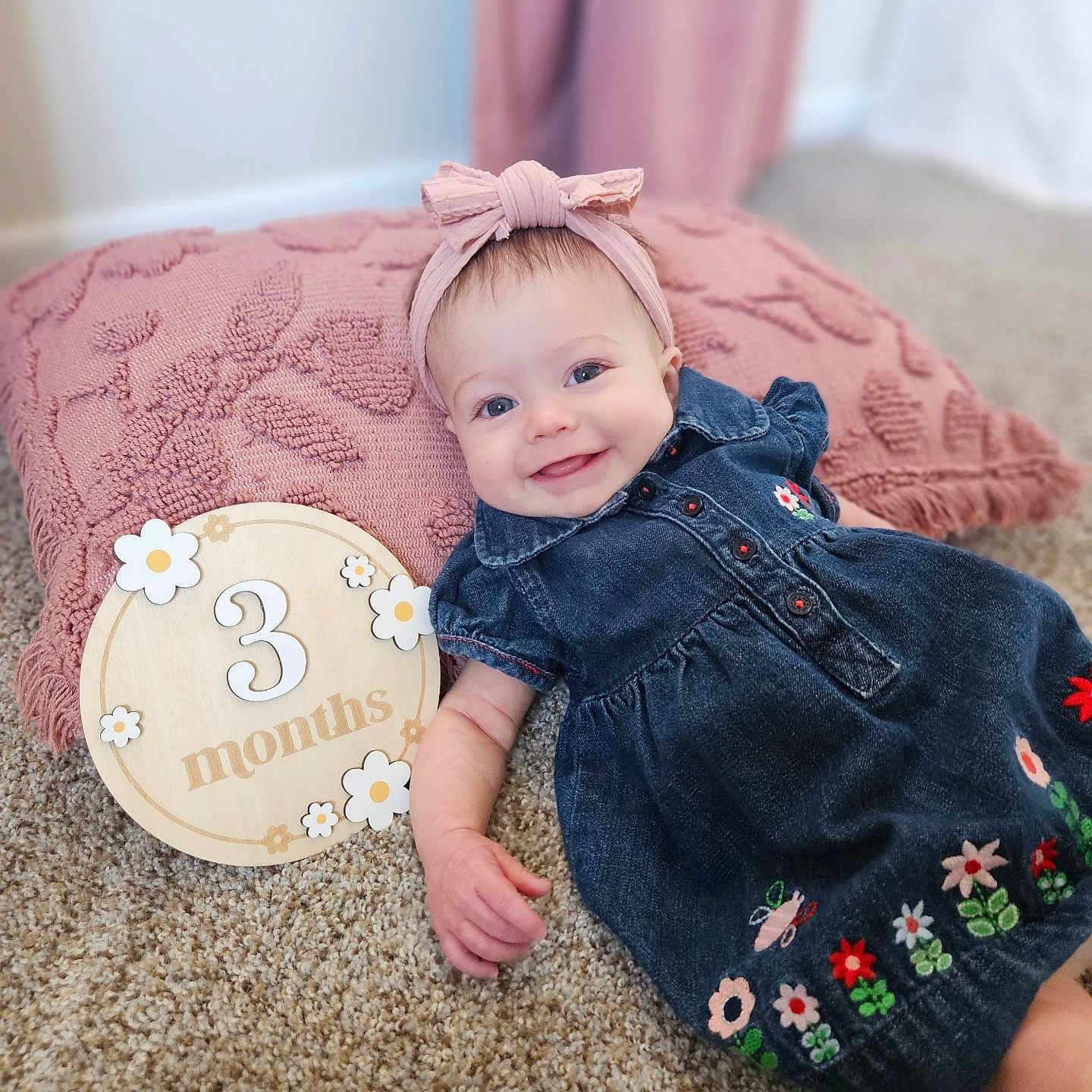 Alethea joined the competition — help win amazing prizes! 3_months, baby, carpet, child, cute, decor, denim_dress, embroidery, flowers, happy, headband, indoors, infant, lying_down, milestone, pink_pillow, portrait, smiling, soft_texture, wooden_plaque