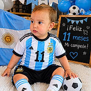 Leonel is registered to the contest to win money with this photo: baby, balloons, birthday, blue_and_white, carpet, celebration, child, cute, decorations, event, flag, happy, indoor, portrait, shoes, sign, soccer_ball, socks, sportswear, young_child