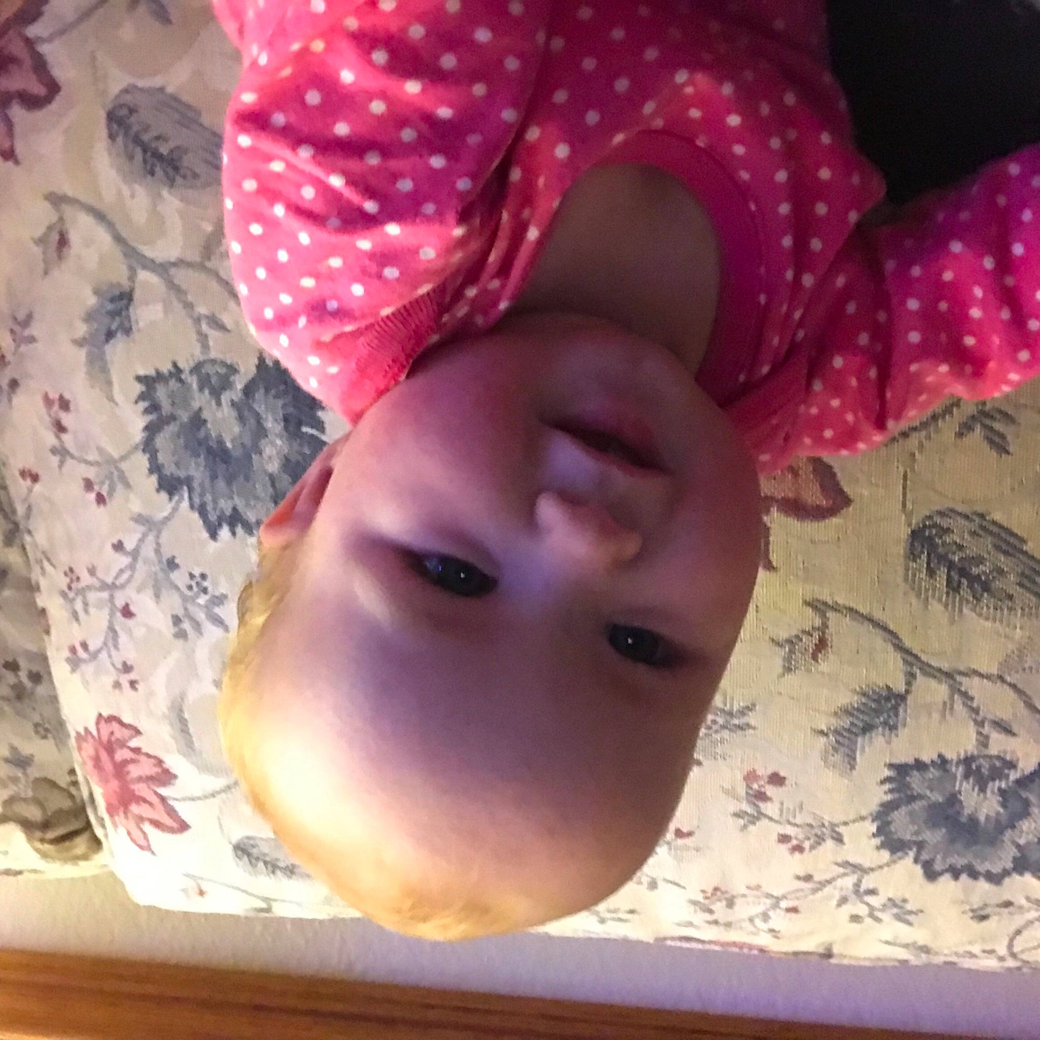 Emma is registered to the contest to win money with this photo: baby, baby_toddler_clothing, cheek, child, eyebrow, eyelash, facial_expression, lip, magenta, pattern, peach, person, pink, polka_dot, portrait_photography, skin, toddler, violet