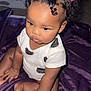 Gi Ariyae joined the competition — help win amazing prizes! toddler, child, baby, sitting, hair_clips, butterfly_clips, curly_hair, white_onesie, purple_blanket, indoors, floor, carpet, cute, portrait, skin, hands, feet, expression, young_child, infant