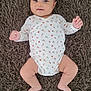 Nirina a rejoint le concours — aidez-le/la à gagner de superbes lots ! baby, carpet, child, chubby_legs, cute, face, fluffy_rug, happy, head, indoor, infant, lying_down, onesie, patterned_clothing, peaceful, person, skin, small_feet, small_hands, smiling