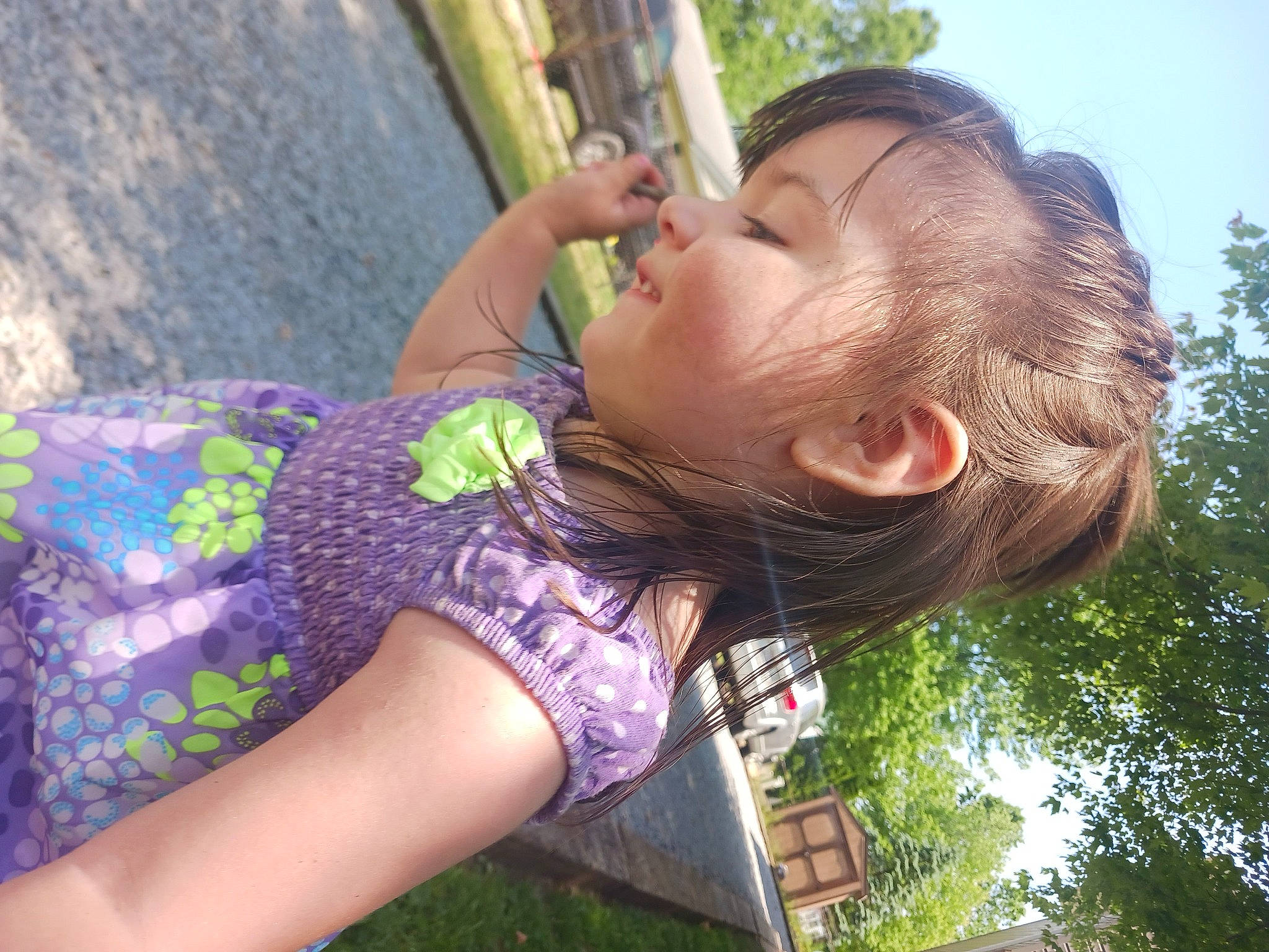 Anastasia is registered to the contest to win money with this photo: botany, brown_hair, electric_blue, eyewear, fun, grass, happy, human_leg, jewellery, joint, leisure, long_hair, magenta, neck, people_in_nature, person, sky, summer, thigh, tree