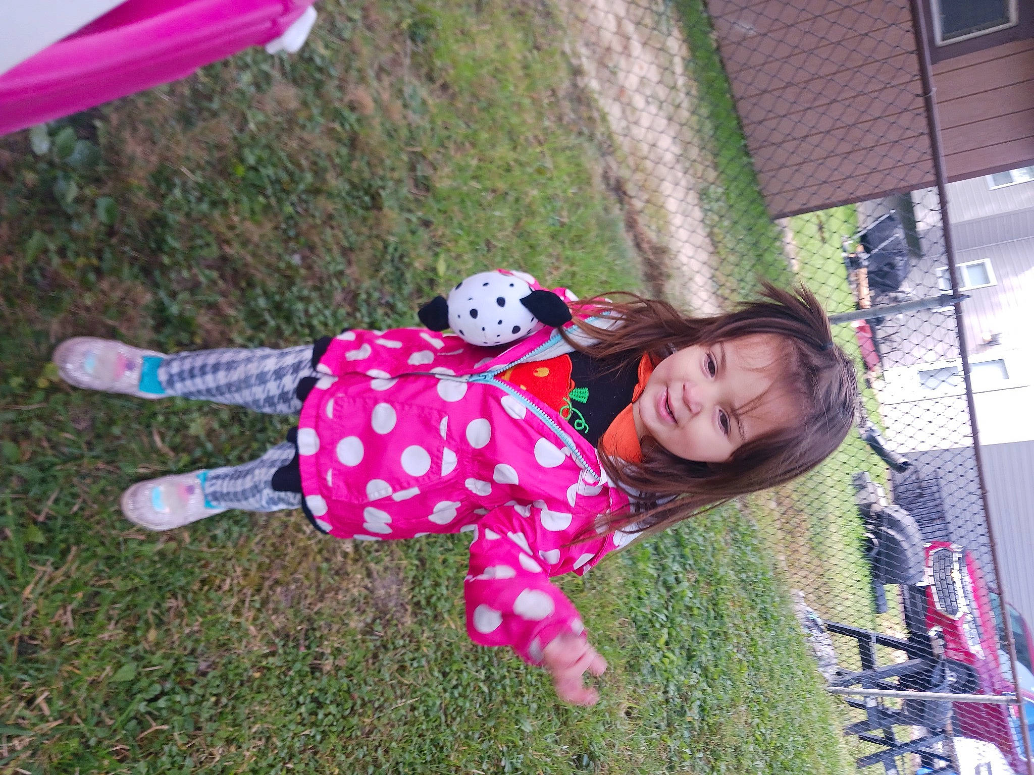 Anastasia is registered to the contest to win money with this photo: baby_toddler_clothing, carmine, companion_dog, fun, grass, happy, hat, leisure, magenta, pattern, people_in_nature, person, pink, plant, play, recreation, smile, stuffed_toy, toddler, toy