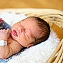 newborn, baby, sleeping, blanket, blue, basket, wicker, infant, cozy, hospital_bracelet, skin, face, hand, cute, soft, white_cushion, peaceful, resting, indoors, portrait