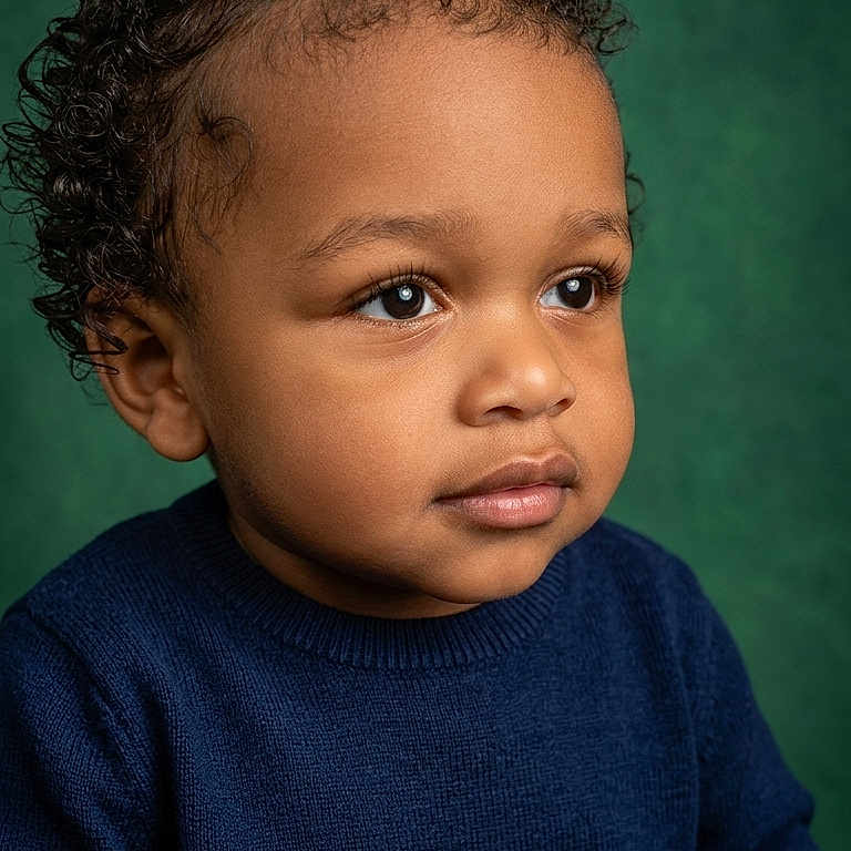 Joao Julian joined the competition — help win amazing prizes! child, toddler, curly_hair, blue_sweater, portrait, studio, green_background, cute, thoughtful, face, skin, eyes, hands, clothing, fashion, young_child, person, indoors, expression, innocence