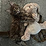 kitten, cat, stuffed_animal, plush_toy, bunny, gray_fur, concrete_floor, pet, hugging, cute, animal, indoor, young_cat, whiskers, ears, tail, toy, playful, lying_down, furry