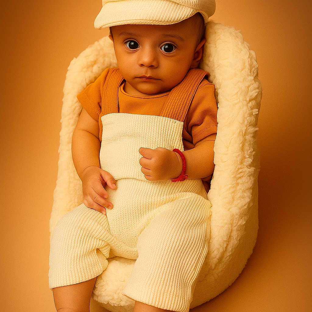 Adriyan participe au concours pour gagner de l'argent avec cette photo : baby, child, cozy, cream_color, cute, fashion, fluffy_chair, hat, indoor, infant, large_eyes, newborn, orange_shirt, overalls, portrait, serious_expression, sitting, soft_texture, studio_photo, warm_tones