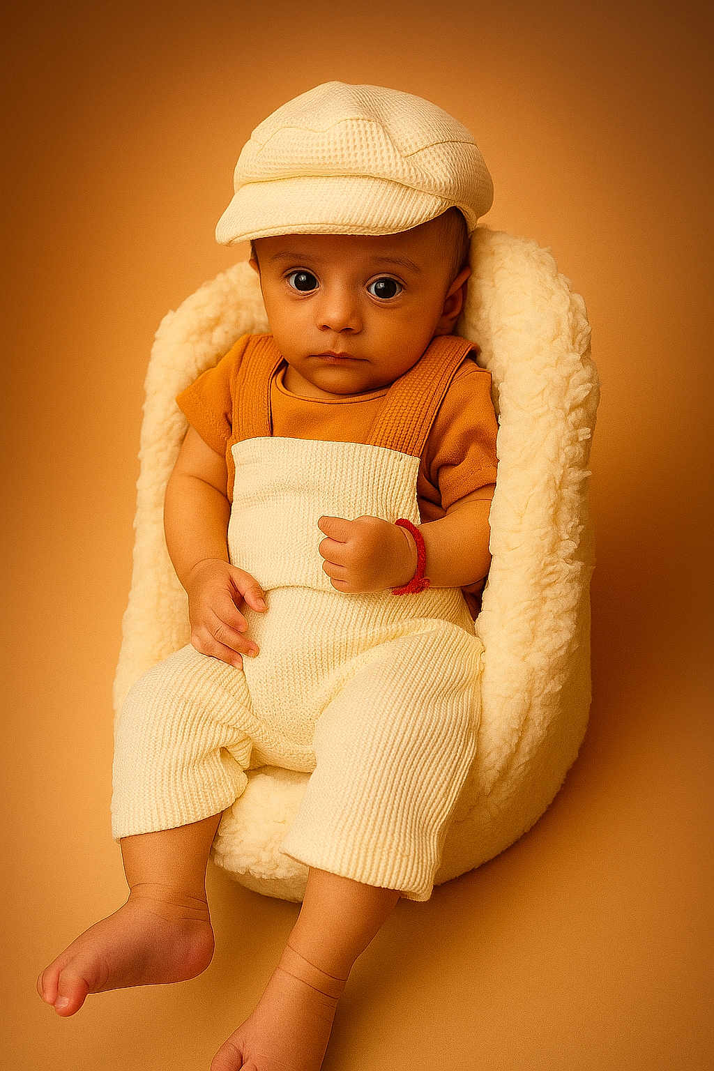 Adriyan participe au concours pour gagner de l'argent avec cette photo : baby, infant, child, hat, overalls, orange_shirt, cream_color, fluffy_chair, soft_texture, studio_photo, portrait, sitting, cute, serious_expression, large_eyes, warm_tones, cozy, indoor, fashion, newborn