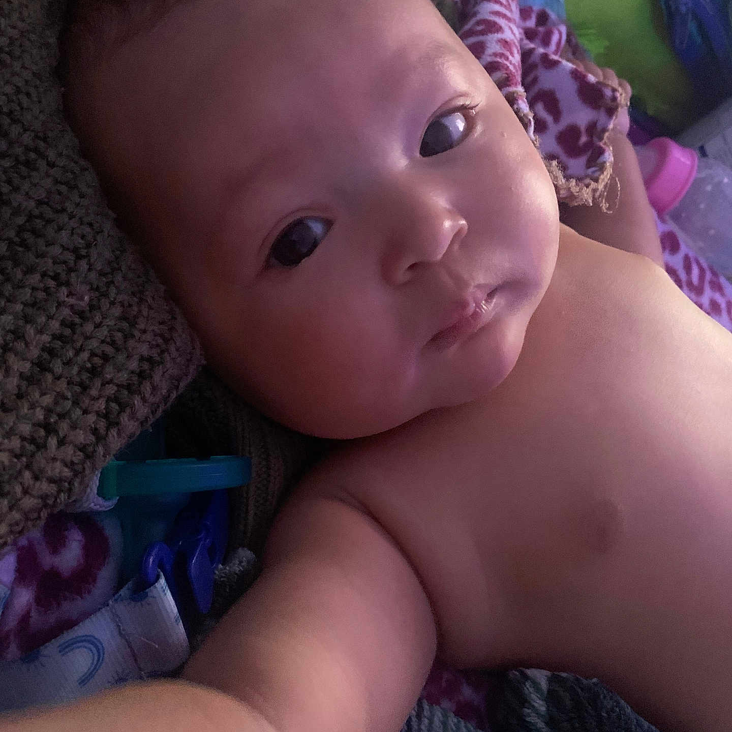 Amora is registered to the contest to win money with this photo: arm, baby, blanket, child, closeup, cozy, curious, cute, expression, fabric, face, indoor, infant, lying_down, newborn, person, portrait, resting, skin, soft_lighting