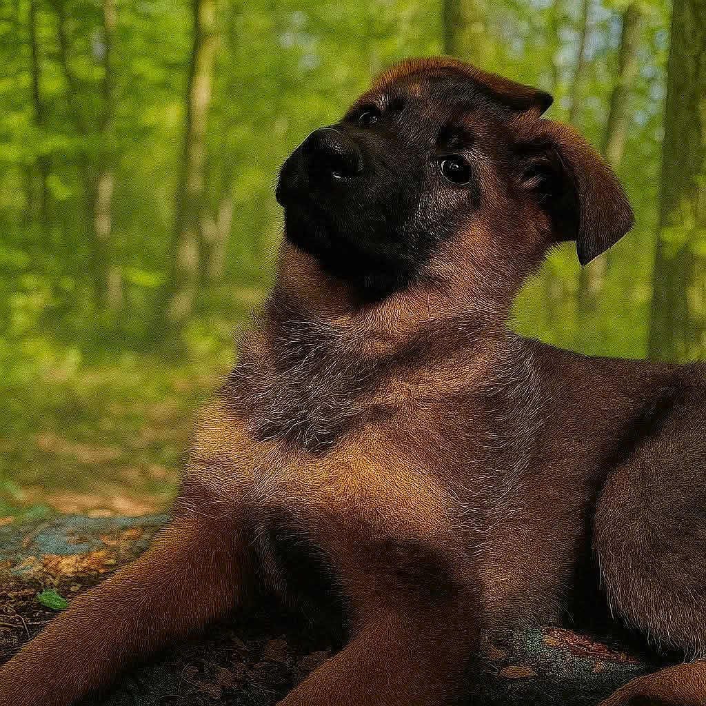 Ruby participe au concours pour gagner de l'argent avec cette photo : animal, black_snout, brown_fur, canine, curious_eyes, cute, dog, forest, greenery, leaves, mammal, nature, nature_walk, outdoor, pet, puppy, relaxed, sunlight, woodland, young_dog