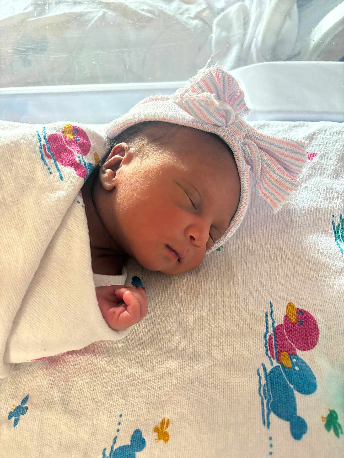 Miracle is registered to the contest to win money with this photo: newborn, baby, sleeping, blanket, hat, bow, hospital, bassinet, infant, peaceful, cute, wrapped, soft_light, portrait, closeup, child, resting, indoors, clothing, toddler