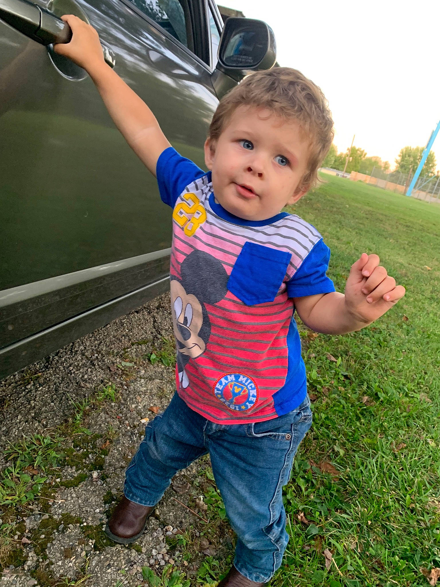 Hayden joined the competition — help win amazing prizes! car, child, finger, fun, grass, happy, male, person, plant, play, smile, t_shirt, thumb, toddler, tree, vacation, vehicle