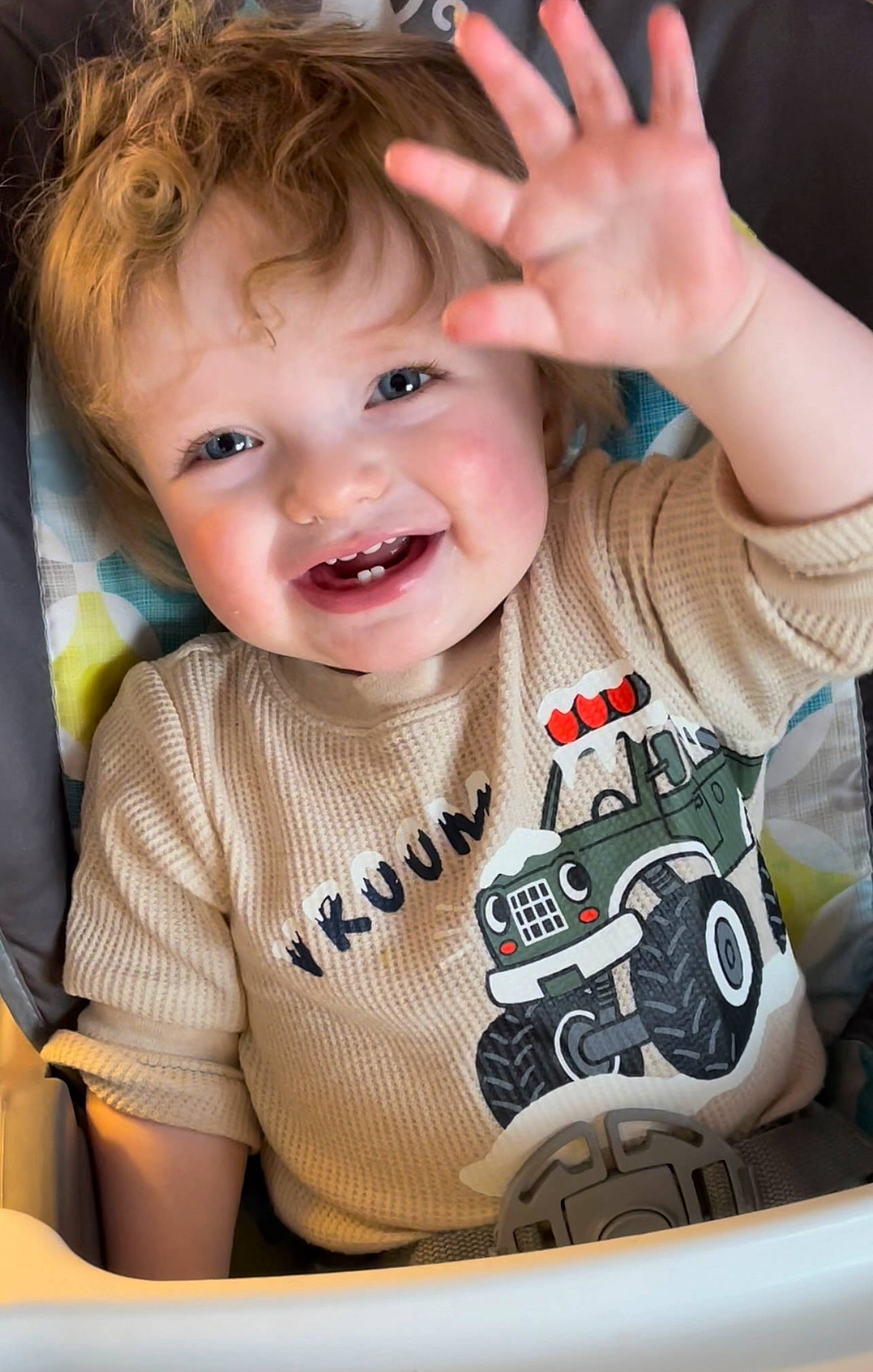 Landon is registered to the contest to win money with this photo: arm, baby, baby_toddler_clothing, cheek, chin, eye, finger, flash_photography, gesture, hairstyle, hand, happy, head, joy, mouth, nose, organ, person, product, skin