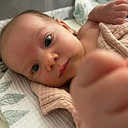 Mirjana joined the competition — help win amazing prizes! baby, infant, face, hand, blanket, soft, close_up, curious, skin, eyes, lying_down, fabric, bed, newborn, cute, portrait, child, indoors, young, person