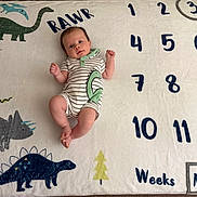 Carter is registered to the contest to win money with this photo: baby, infant, child, lying_down, portrait, face, eyes_open, smiling, onesie, striped_clothing, dinosaur, dinosaur_blanket, milestone_blanket, numbers, weeks, months, nursery, indoor, safe, milestone_photo