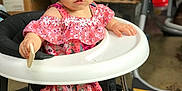 Maile Sue joined the competition — help win amazing prizes! baby, child, walker, pink_dress, headband, snack, indoor, carpet, toy, furniture, person, foot, cute, expression, face, legs, standing, room, basket, colorful