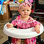 Maile Sue joined the competition — help win amazing prizes! baby, child, walker, pink_dress, headband, snack, indoor, toy, carpet, furniture, face, person, cute, sitting, infant, legs, hand, expression, floral, home