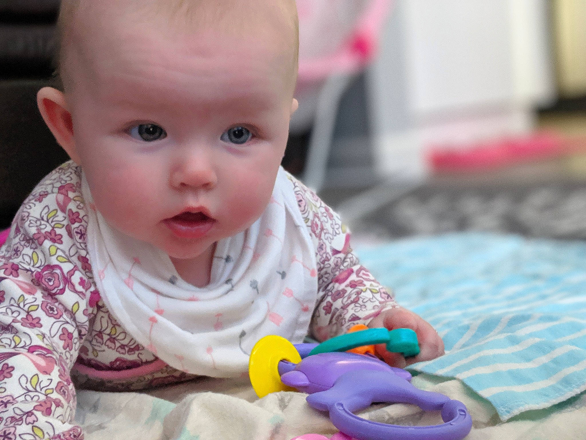 Kaelynn joined the competition — help win amazing prizes! baby, baby_playing_with_toys, baby_products, baby_toys, child, ear, nose, person, play, product, toddler, toy, tummy_time