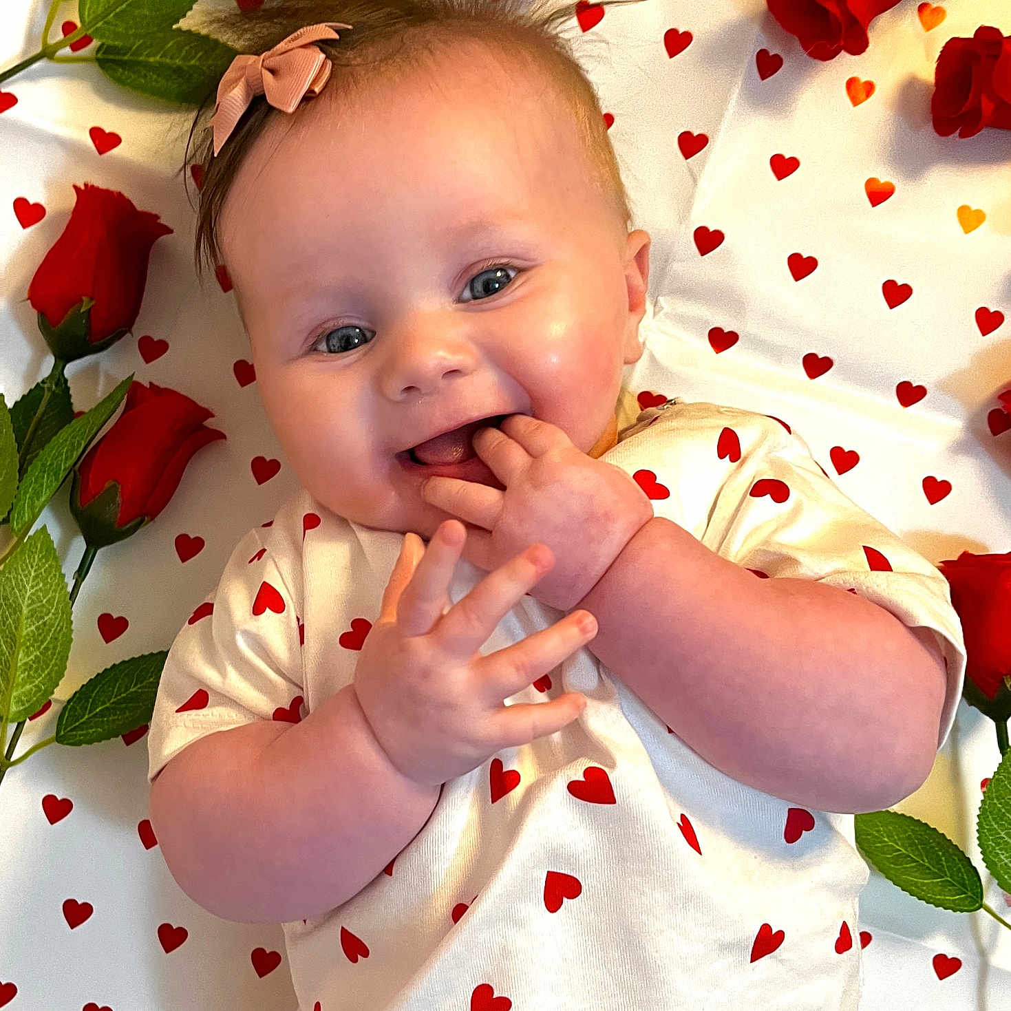 Lyla is registered to the contest to win money with this photo: baby, bodypart, clothing, eating, face, finger, flower, food, hand, happy, head, leaf, newborn, person, petal, photography, plant, portrait, rose, smile
