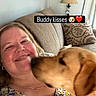casual_clothing, close_up, couch, curtains, dog, earrings, face, golden_retriever, happy, home_decor, indoor, lamp, living_room, love, necklace, pet, pillow, smile, text_overlay, woman
