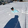 baby, barn, child, cold_weather, daytime, ground, hat, outdoor, person, photography, playful, pom_poms, rural, shadow, sky, snow, snowsuit, sunny, swing, winter_clothing