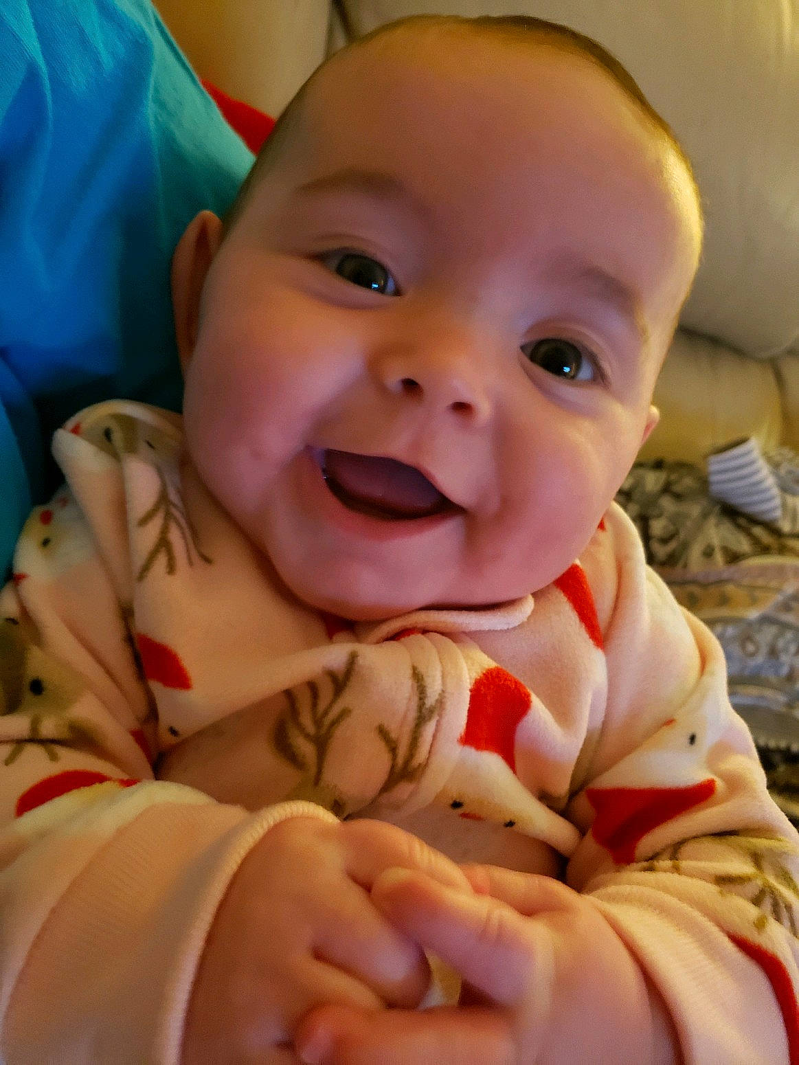 Blakelynn joined the competition — help win amazing prizes! baby, baby_laughing, baby_products, baby_toddler_clothing, cheek, child, comfort, couch, facial_expression, finger, laugh, linens, nail, person, skin, slipcover, toddler, tongue, tooth