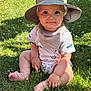 baby, child, grass, hat, sun_hat, outdoor, summer, greenery, sitting, cute, smile, bib, sunlight, nature, barefoot, infant, clothing, portrait, daylight, young