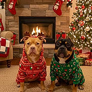 Bittens is registered to the contest to win money with this photo: carpet, christmas, cozy, cute, decorations, dog, festive, fireplace, holiday, holiday_spirit, indoors, living_room, pajamas, pets, presents, reindeer_ears, stockings, tree, two_dogs, warm