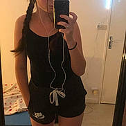 Sophie a rejoint le concours — aidez-le/la à gagner de superbes lots ! abdomen, active_undergarment, arm, black_hair, brown_hair, girl, human_leg, joint, leg, little_black_dress, long_hair, mirror, muscle, neck, product, selfie, shorts, shoulder, standing, thigh