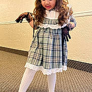 Siyara joined the competition — help win amazing prizes! child, girl, dress, plaid, lace, white_tights, shoes, black_gloves, headband, pearl, curly_hair, carpet, indoor, wall, floor, pose, person, fashion, cute, playful