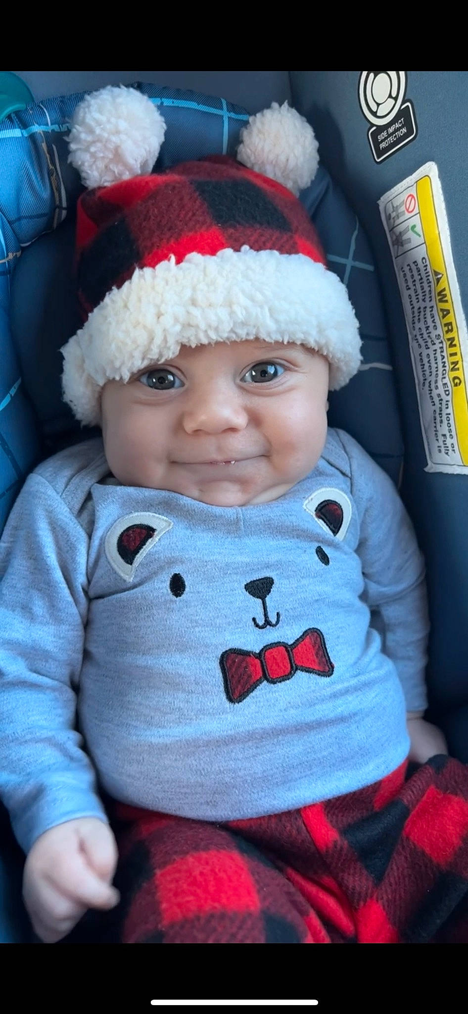Kaius joined the competition — help win amazing prizes! baby, baby_toddler_clothing, blue, cap, cheek, child, eye, face, head, headwear, human_body, joy, knit_cap, lip, nose, outerwear, pattern, person, sleeve, smile