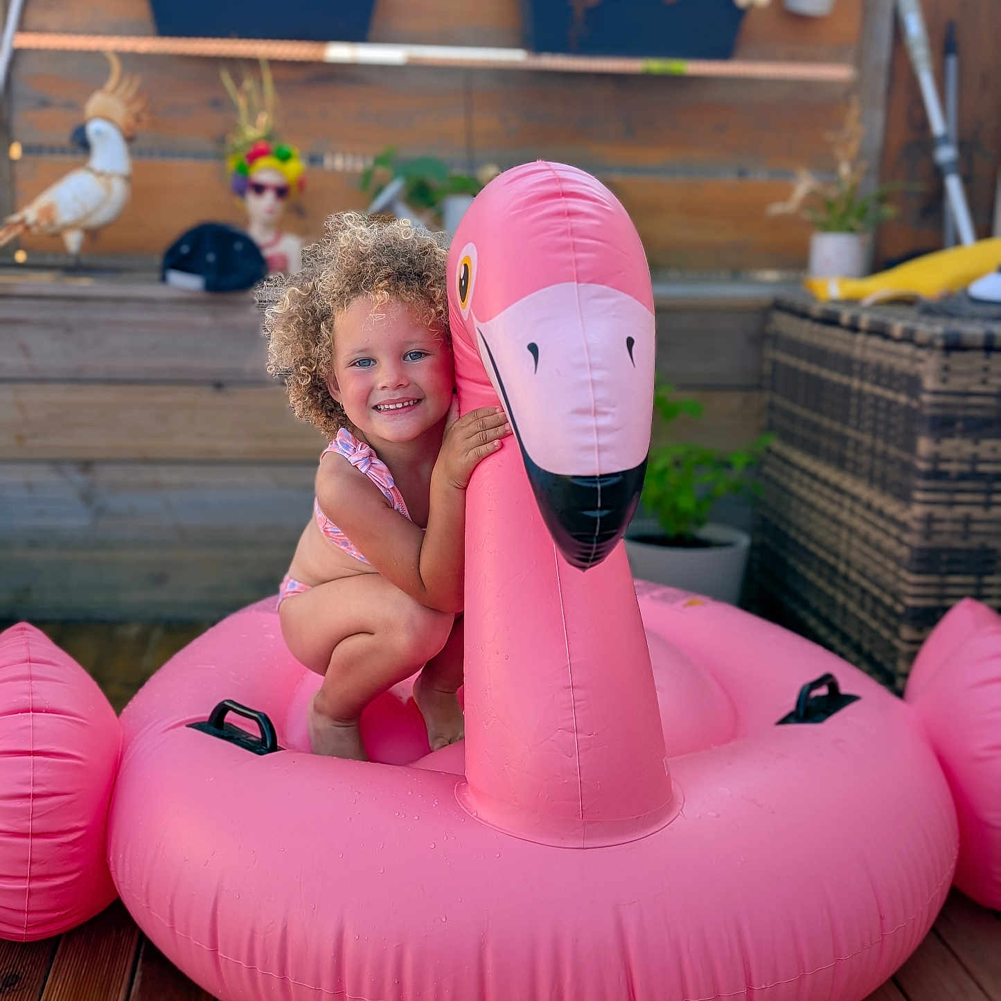 Katalya a rejoint le concours — aidez-le/la à gagner de superbes lots ! child, colorful, curly_hair, flamingo, fun, garden_decor, happy, inflatable, outdoor, person, pink_swimsuit, playful, pool_toy, potted_plants, smile, summer, sunlight, toddler, vacation, wooden_deck