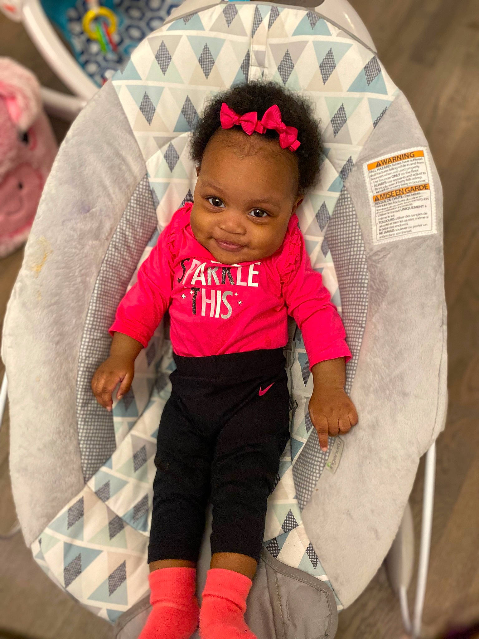 Joy joined the competition — help win amazing prizes! baby, baby_products, baby_toddler_clothing, carmine, child, comfort, face, fashion_accessory, happy, linens, magenta, pattern, person, pink, sleeve, sock, sportswear, t_shirt, textile, thigh