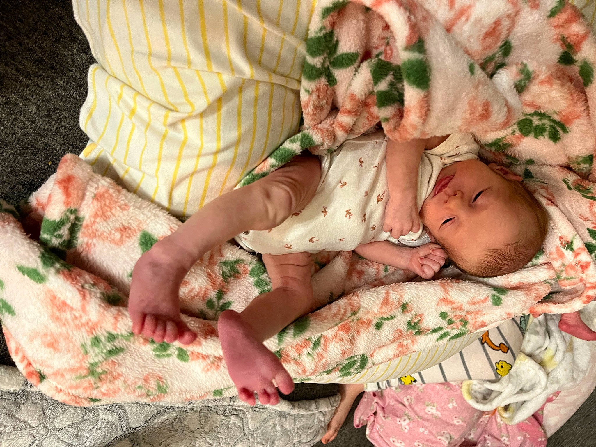 Lucy joined the competition — help win amazing prizes! baby, baby_toddler_clothing, cheek, child, comfort, dress, event, eye, facial_expression, finger, grass, hand, linens, pattern, person, pink, plant, skin, sleeve, textile