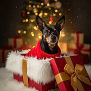 Jack is registered to the contest to win money with this photo: dog, small_dog, present, gift_box, christmas, holiday, red_sweater, fur, lights, bokeh, decorations, festive, cute, pet, animal, indoors, celebration, warm, red, gold