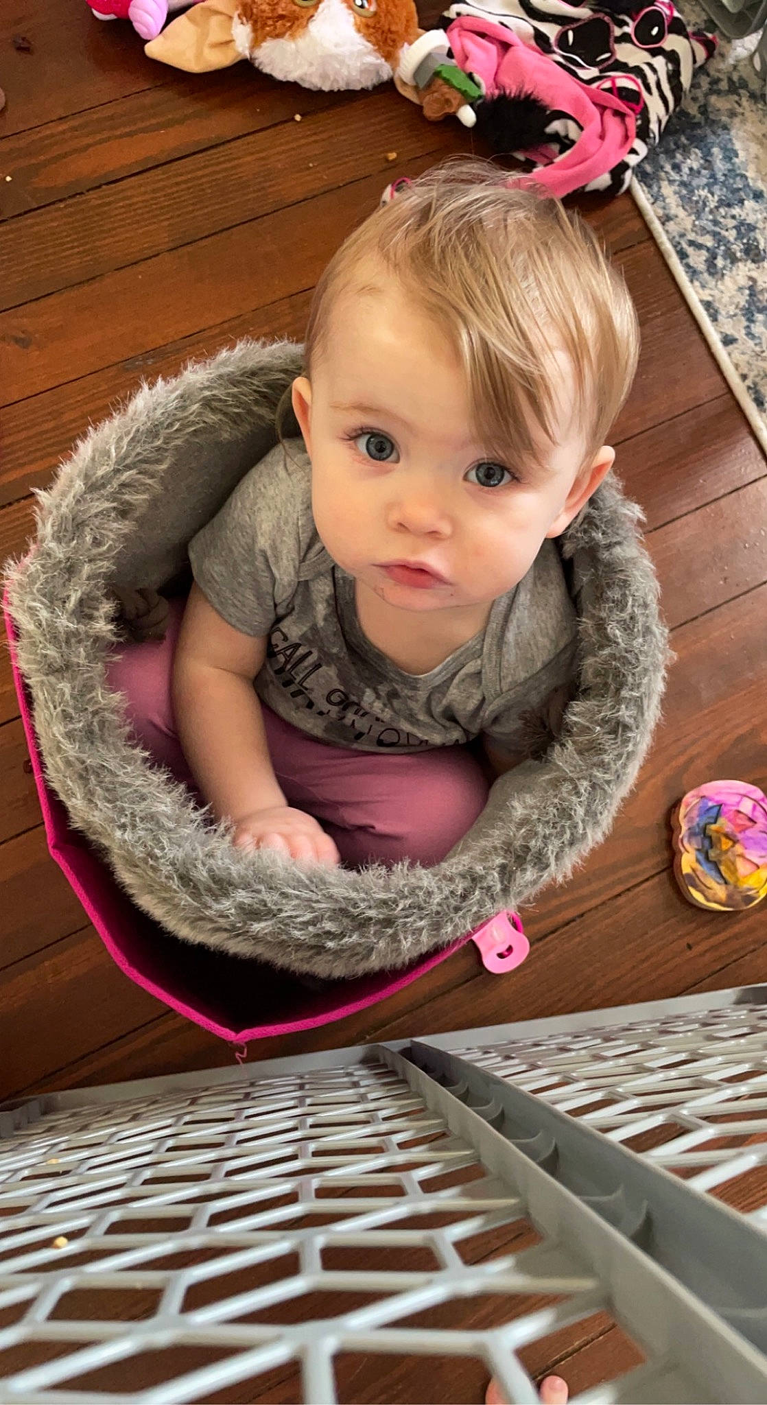 Madilynn joined the competition — help win amazing prizes! baby, baby_products, baby_toddler_clothing, cheek, child, comfort, eye, flooring, fun, grass, hairstyle, happy, hardwood, iris, pattern, person, pink, play, sitting, toddler