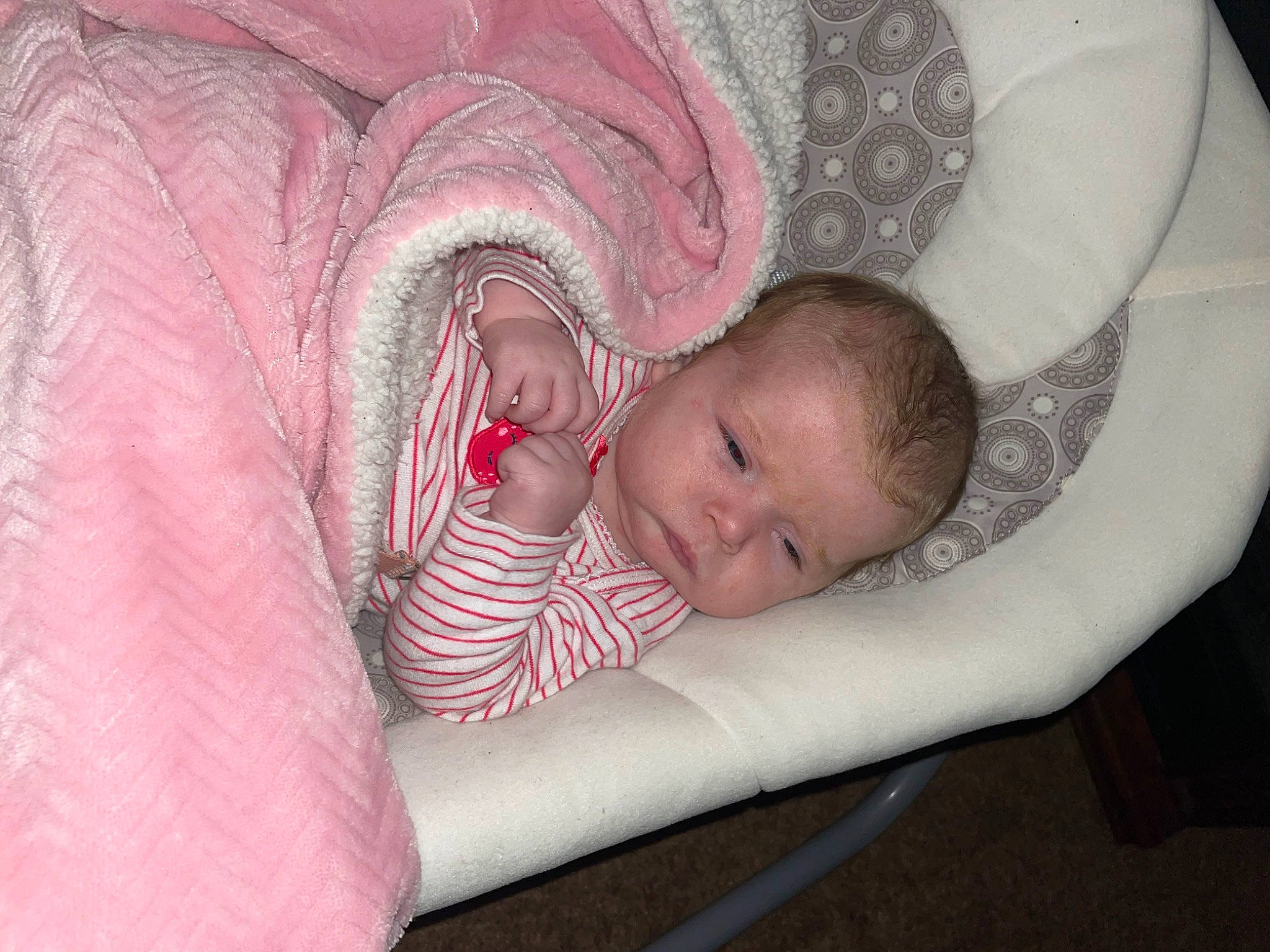 Madi joined the competition — help win amazing prizes! arm, baby, baby_products, baby_sleeping, bed, bedtime, cheek, child, comfort, ear, eye, finger, hand, head, human_body, infant_bed, linens, person, pink, skin