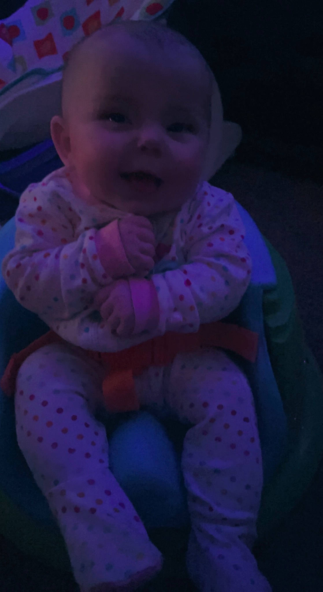 Madi joined the competition — help win amazing prizes! baby, baby_toddler_clothing, cheek, child, electric_blue, flash_photography, happy, human_body, iris, lip, magenta, nose, person, pink, purple, sitting, skin, sleeve, smile, toddler