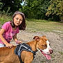 child, dog, outdoor, park, grass, trees, harness, petting, happy, animal, nature, casual_clothing, playful, summer, brown_dog, white_markings, young_girl, smiling, leisure, walk
