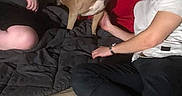 Pebbles joined the competition — help win amazing prizes! people, dog, couch, indoor, smiling, casual, friends, relaxing, pet, brown_dog, white_dog, wood_floor, blanket, shelf, door, happy, seated, headwear, collar, home